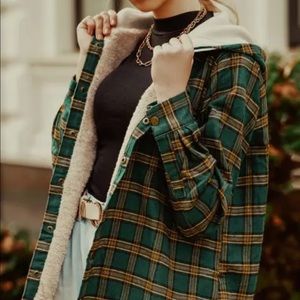 Plaid hooded fluffy lined snap button flannel jacket